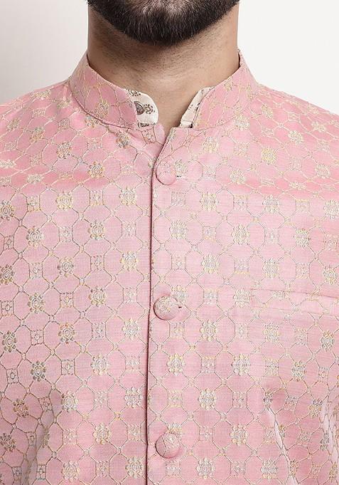 Cream Ethnic Motifs Poly Blend Kurta Set For Men