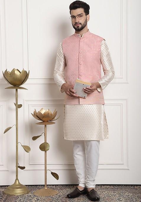 Cream Ethnic Motifs Poly Blend Kurta Set For Men