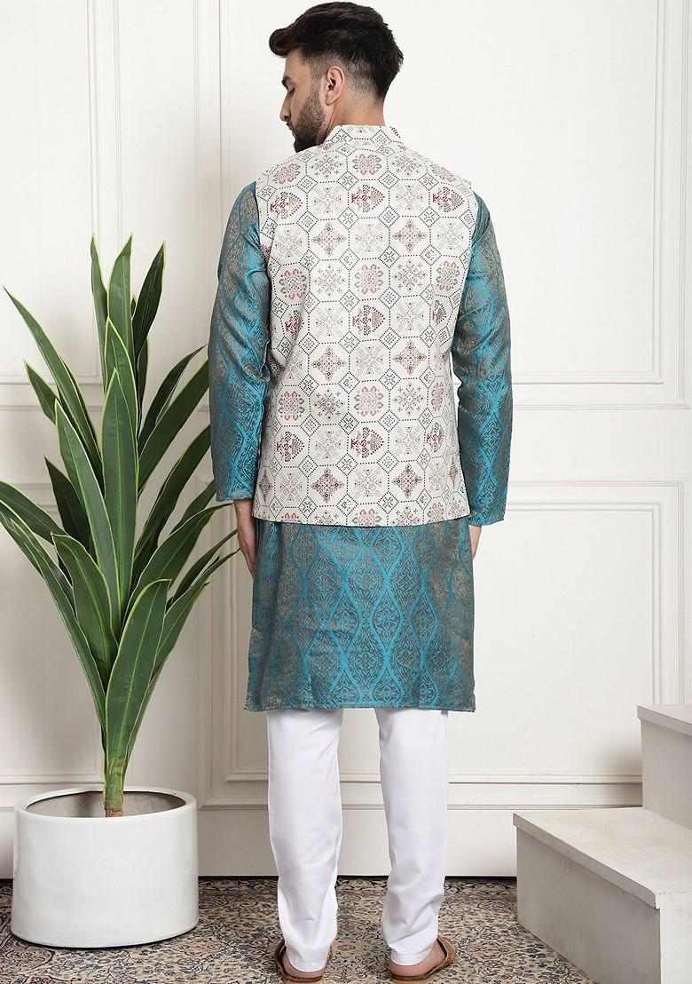 Blue Ethnic Motifs Poly Blend Kurta Set For Men