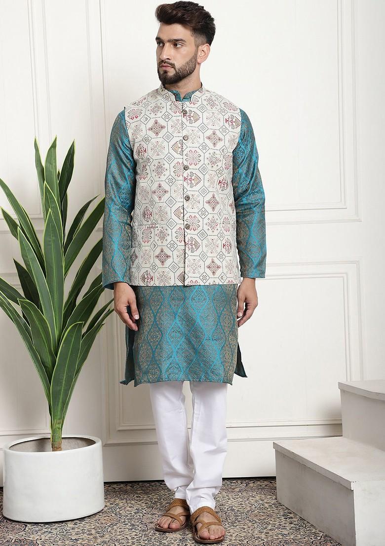 Blue Ethnic Motifs Poly Blend Kurta Set For Men
