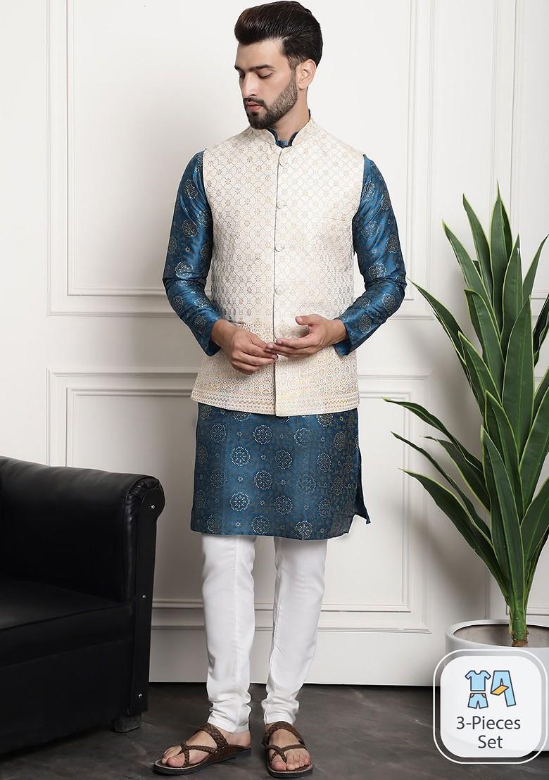Blue Printed Poly Blend Kurta Set For Men
