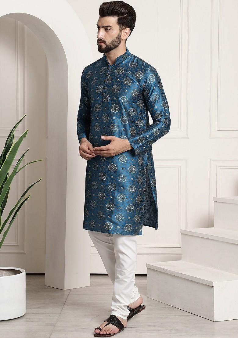 Blue Printed Poly Blend Kurta Set For Men