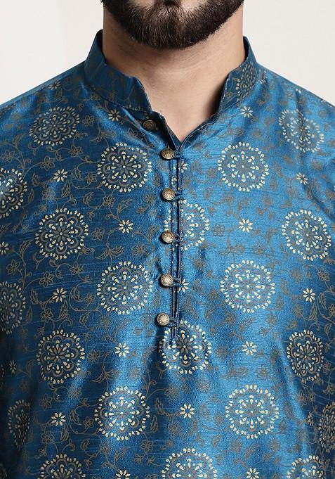 Blue Printed Poly Blend Kurta Set For Men