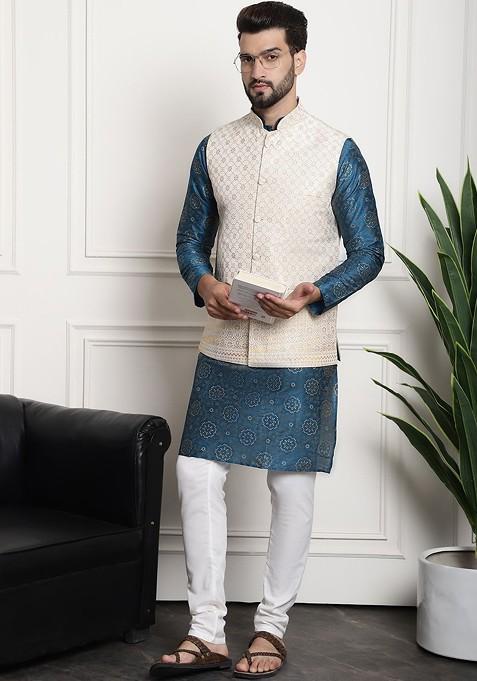 Blue Printed Poly Blend Kurta Set For Men