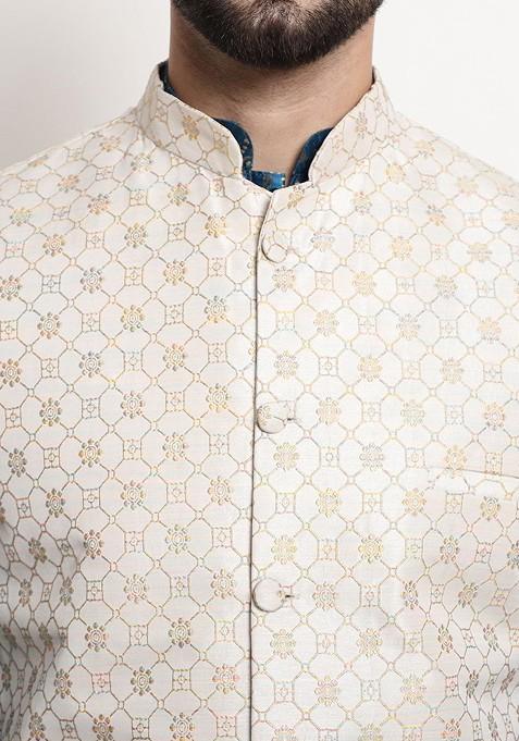 Blue Printed Poly Blend Kurta Set For Men