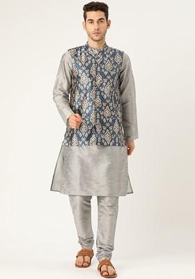 Grey Printed Poly Blend Kurta Set For Men