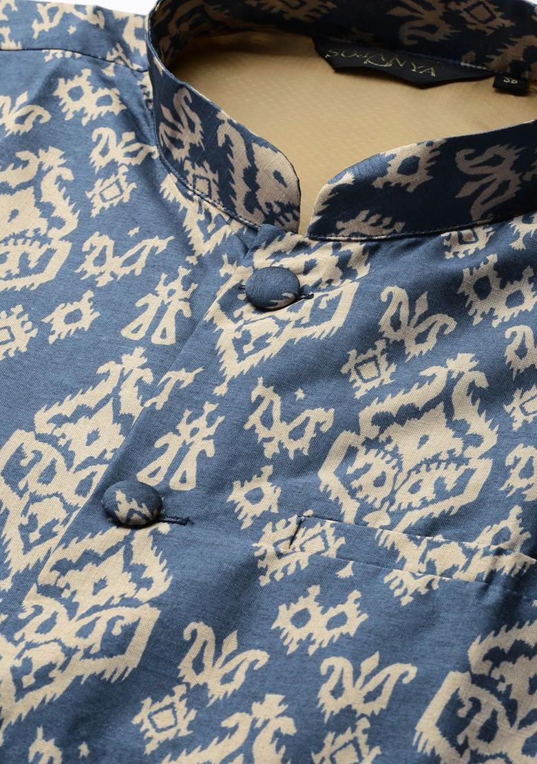 Grey Printed Poly Blend Kurta Set For Men