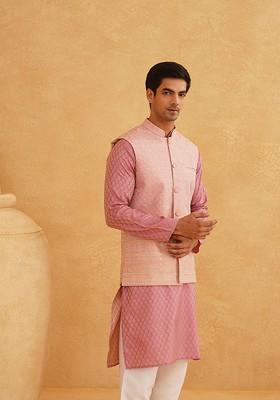 Pink Woven Poly Blend Kurta Set For Men