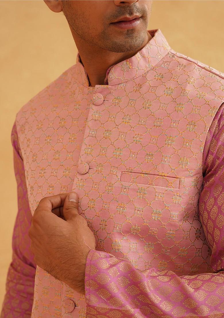 Pink Woven Poly Blend Kurta Set For Men