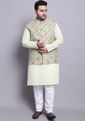 Green Embroidered Cotton Kurta Set For Men