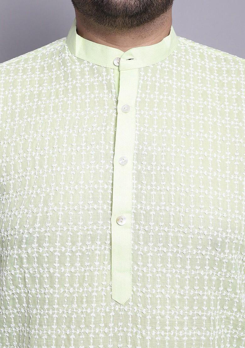 Green Embroidered Cotton Kurta Set For Men