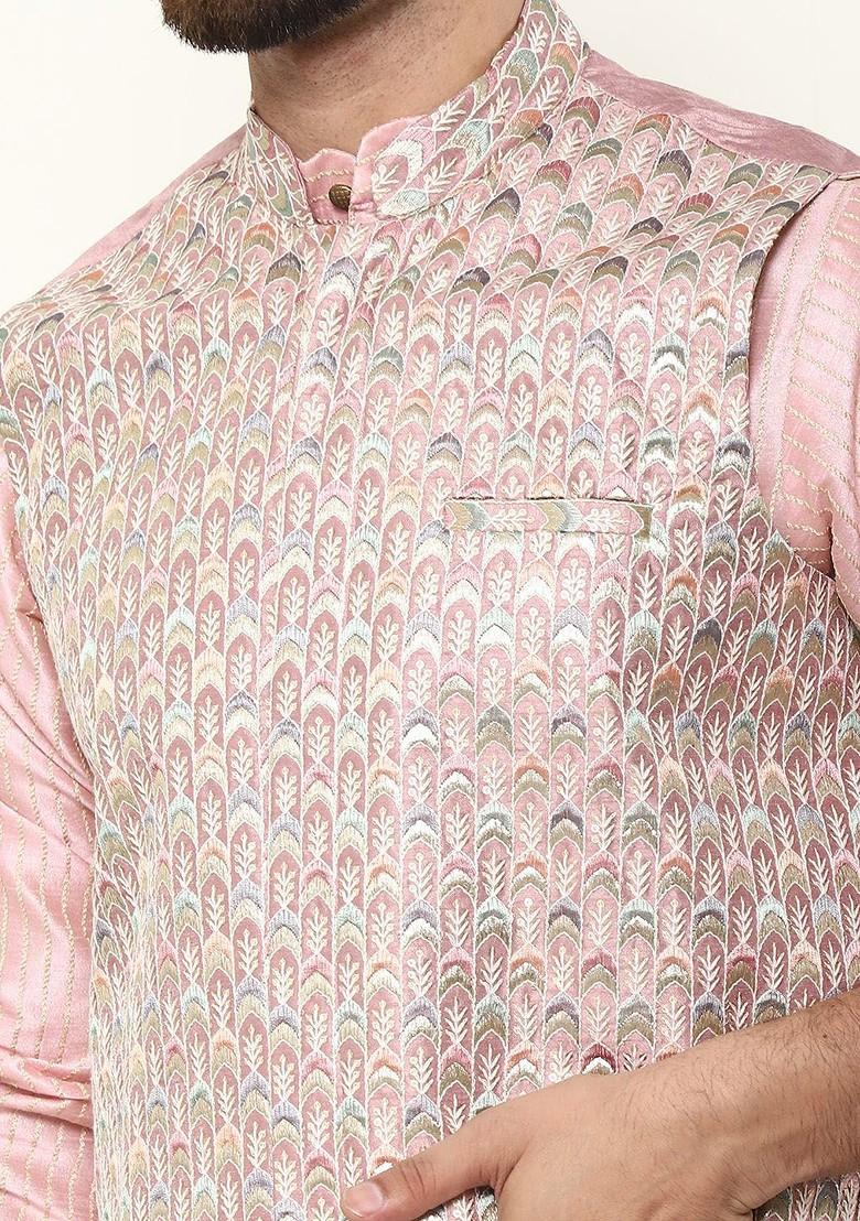 Pink Thread Work Poly Blend Kurta Set For Men