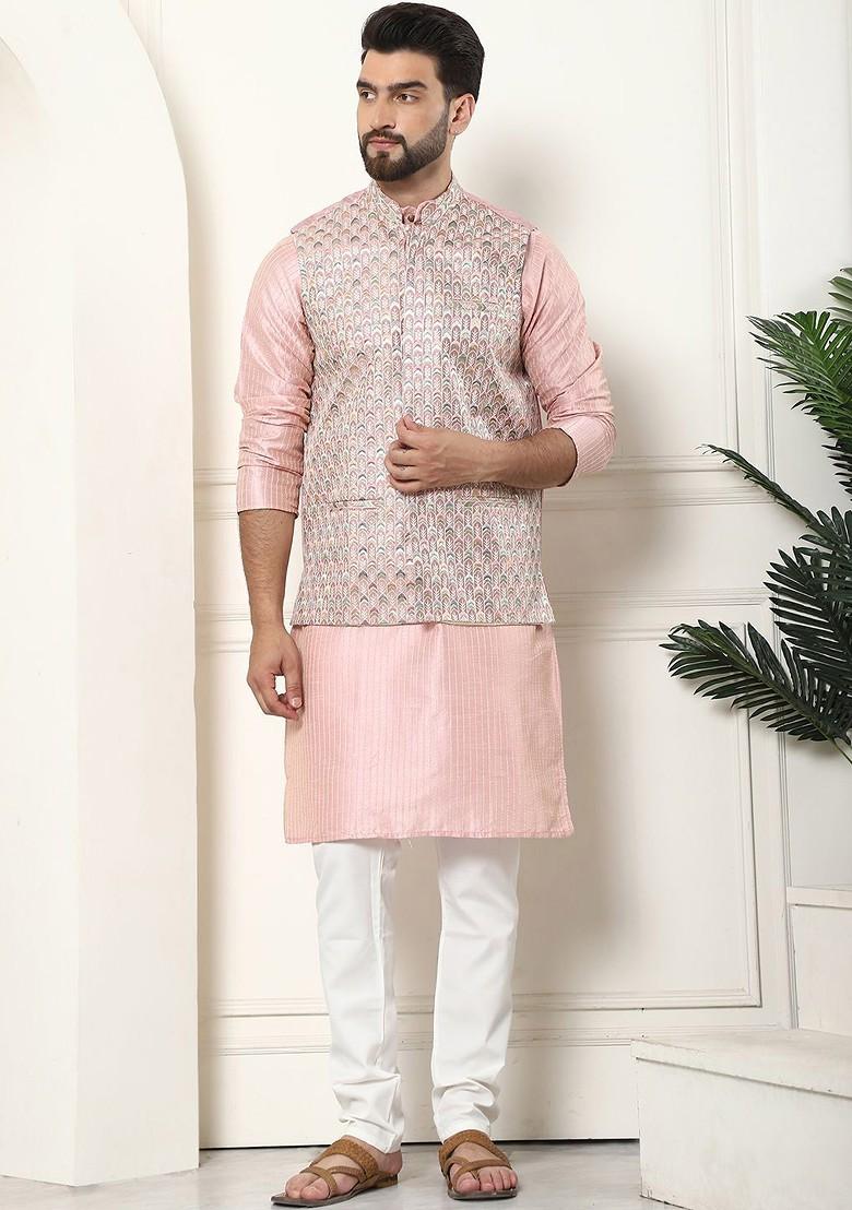 Pink Thread Work Poly Blend Kurta Set For Men