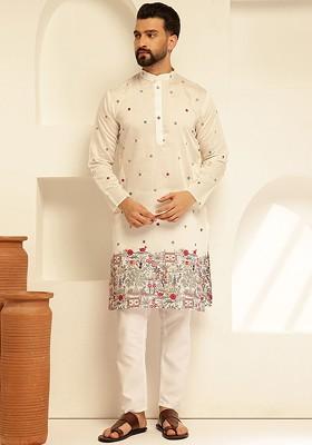 White Thread Work Poly Blend Kurta Set For Men
