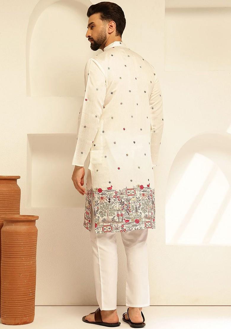 White Thread Work Poly Blend Kurta Set For Men