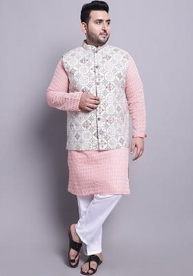 Peach Embroidered Cotton Kurta Set For Men