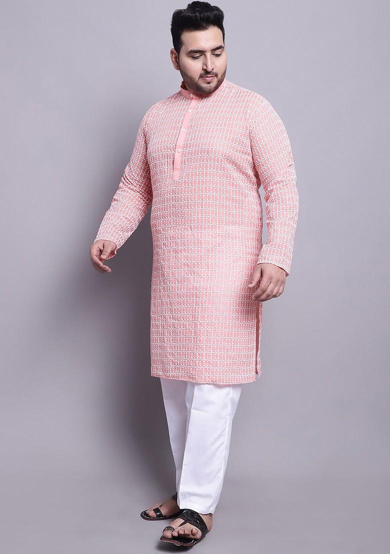 Peach Embroidered Cotton Kurta Set For Men