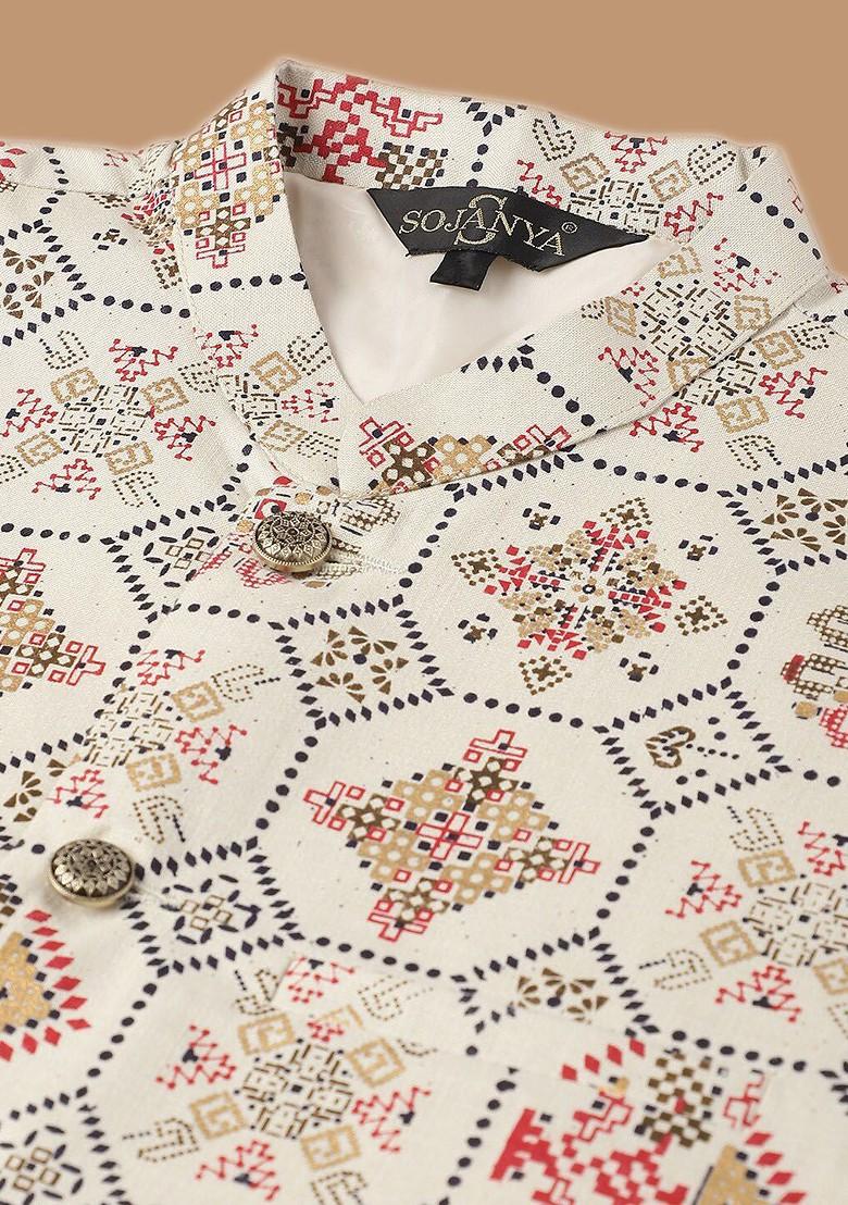 Blue Ethnic Motifs Poly Blend Kurta Set For Men