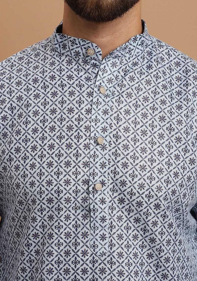Blue Ethnic Motifs Poly Blend Kurta Set For Men