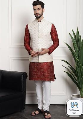 Maroon Ethnic Motifs Cotton Kurta Set For Men