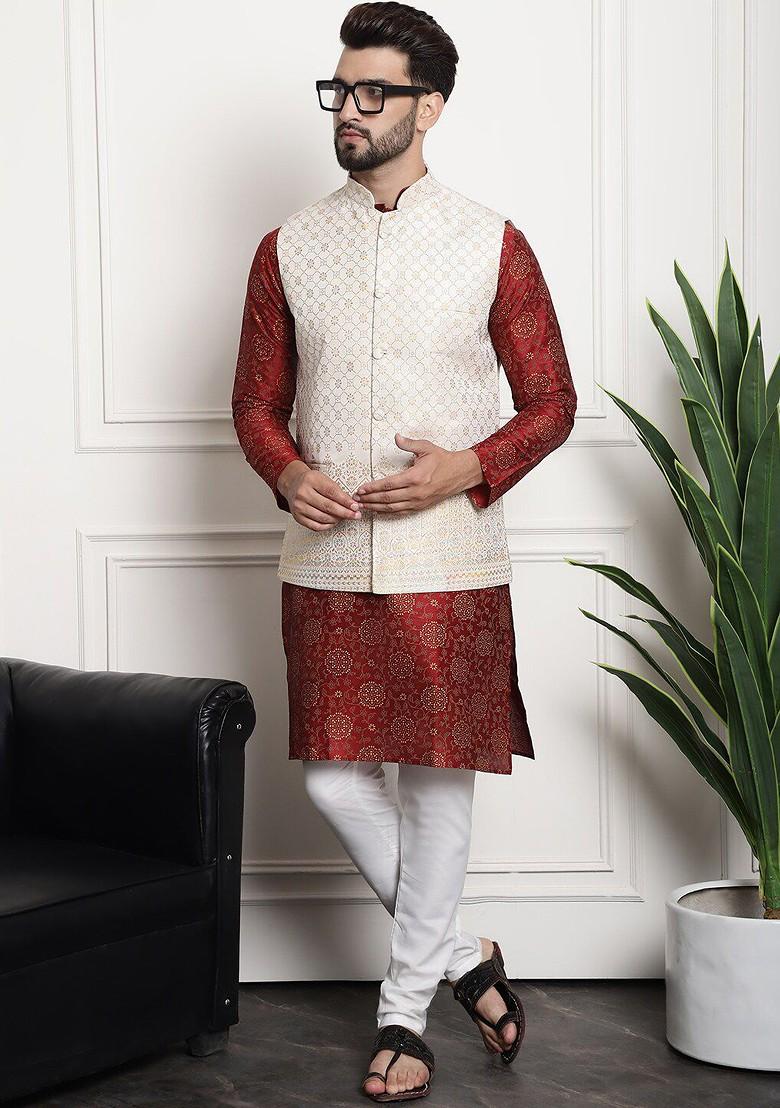 Maroon Ethnic Motifs Cotton Kurta Set For Men