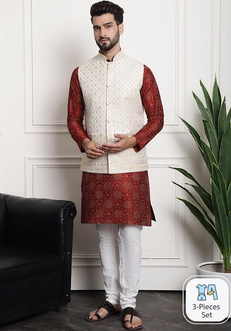 Maroon Ethnic Motifs Cotton Kurta Set For Men