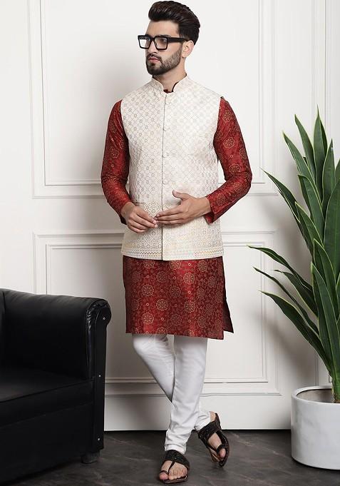 Maroon Ethnic Motifs Cotton Kurta Set For Men