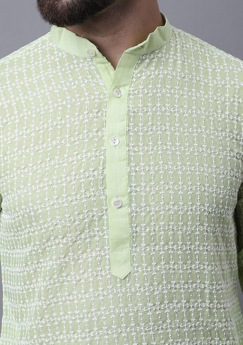 Green Embroidered Cotton Kurta Set For Men