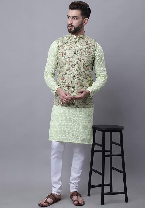 Green Embroidered Cotton Kurta Set For Men