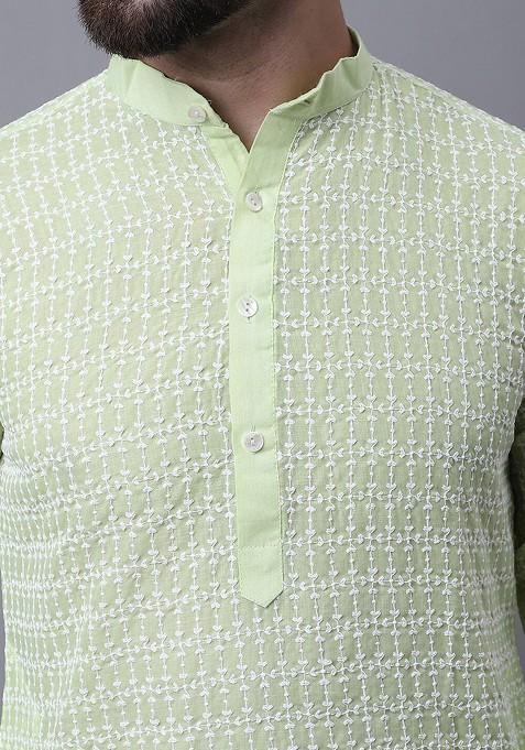 Green Embroidered Cotton Kurta Set For Men