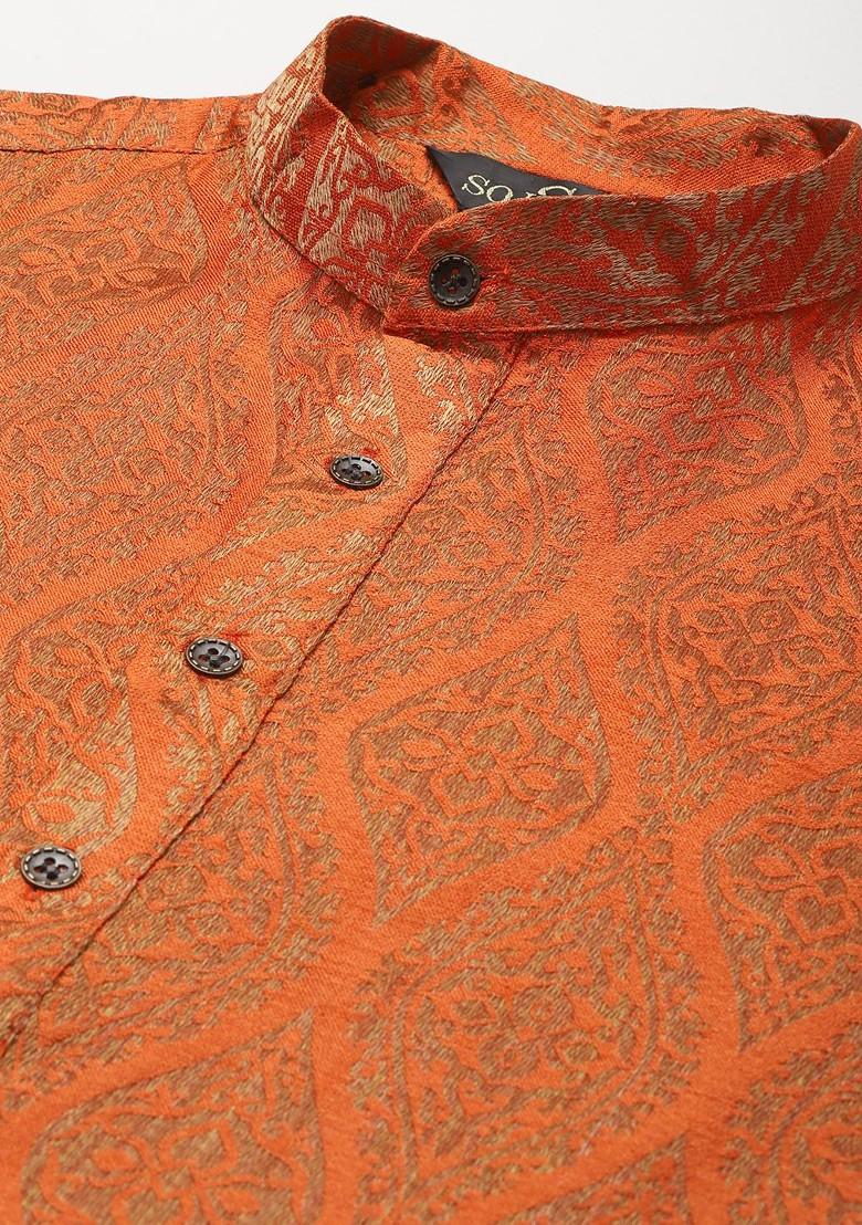 Orange Ethnic Motifs Poly Blend Kurta Set For Men