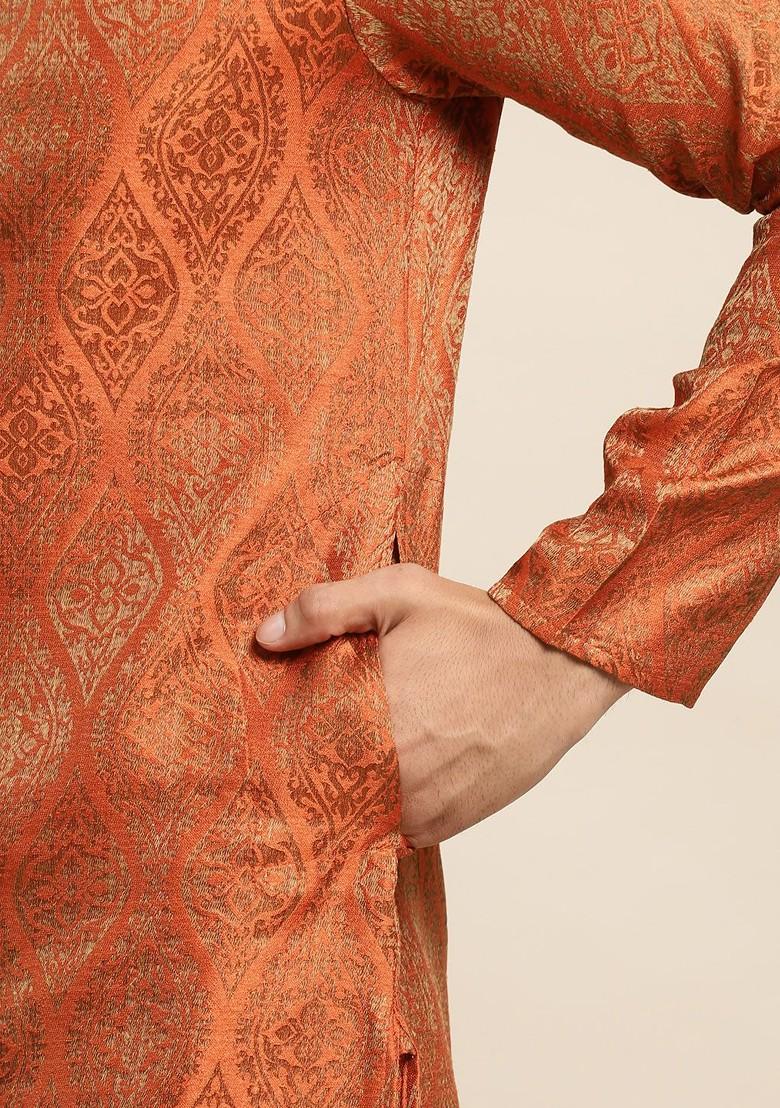 Orange Ethnic Motifs Poly Blend Kurta Set For Men