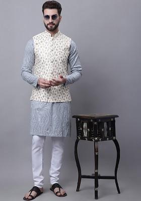 Grey Embroidered Cotton Kurta Set For Men