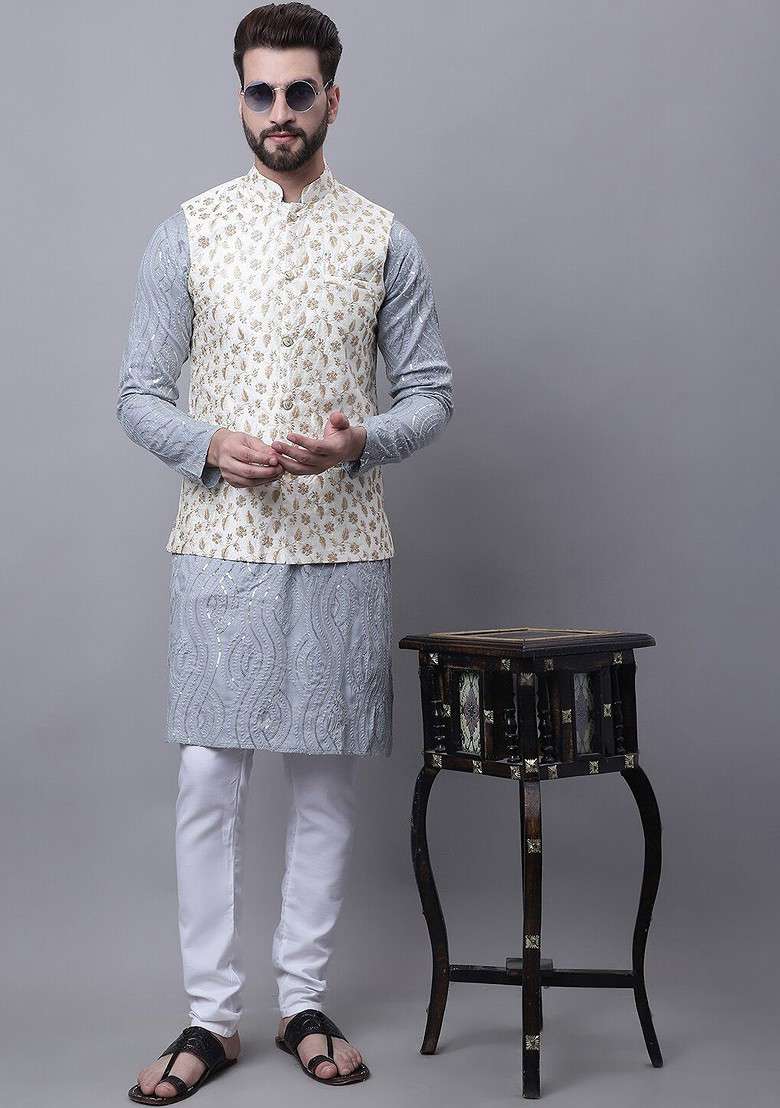 Grey Embroidered Cotton Kurta Set For Men - Indya