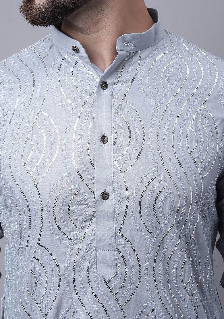 Grey Embroidered Cotton Kurta Set For Men
