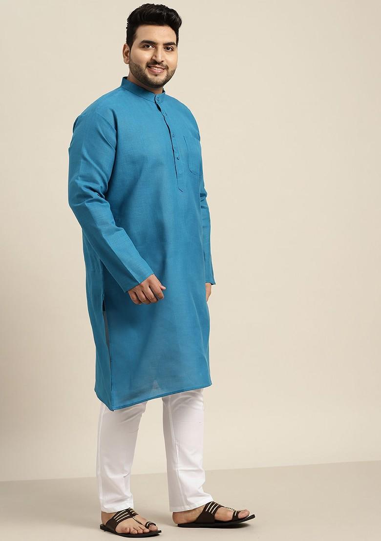Blue Solid Poly Blend Kurta Set For Men