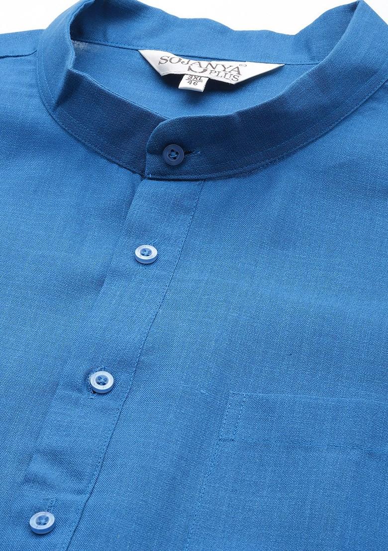 Blue Solid Poly Blend Kurta Set For Men