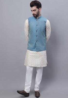 Cream Thread Work Poly Blend Kurta Set For Men
