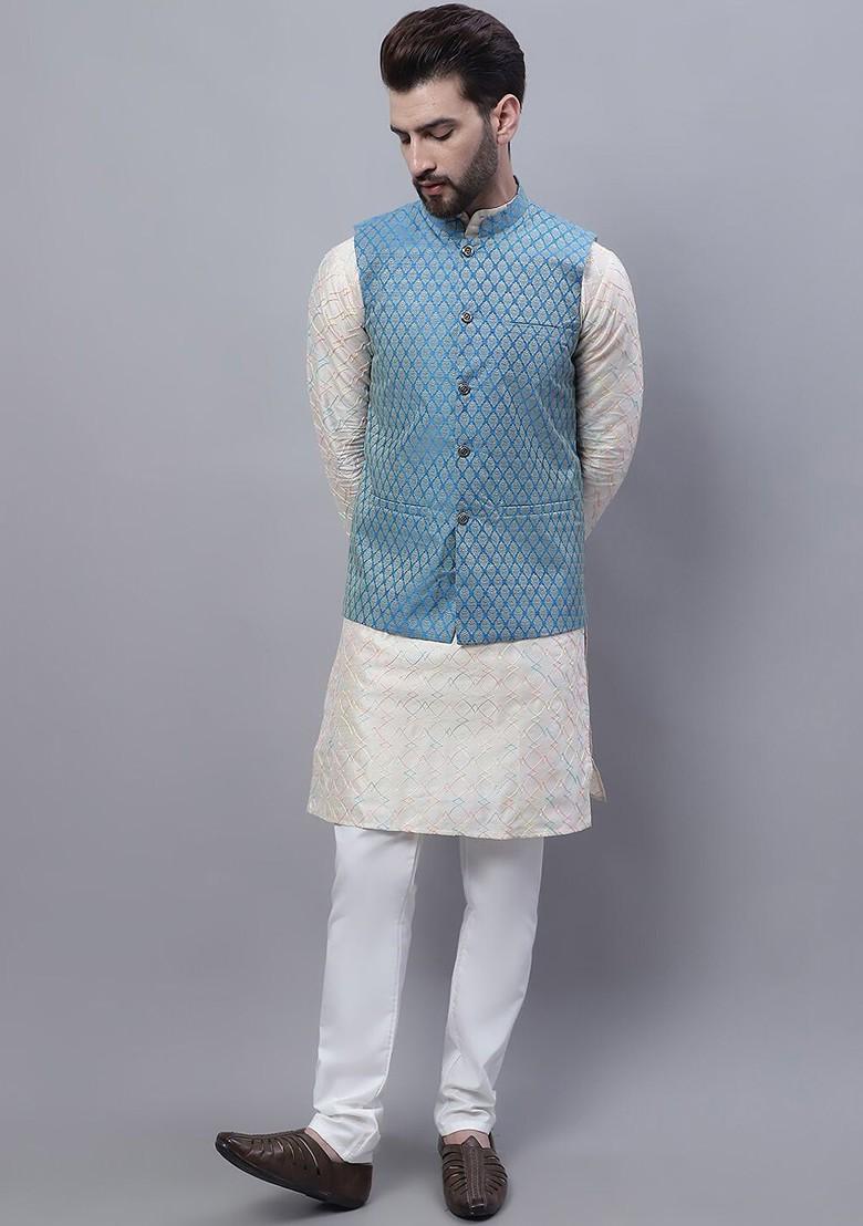 Cream Thread Work Poly Blend Kurta Set For Men