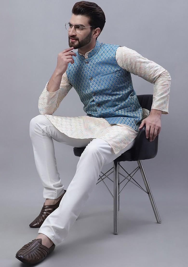 Cream Thread Work Poly Blend Kurta Set For Men