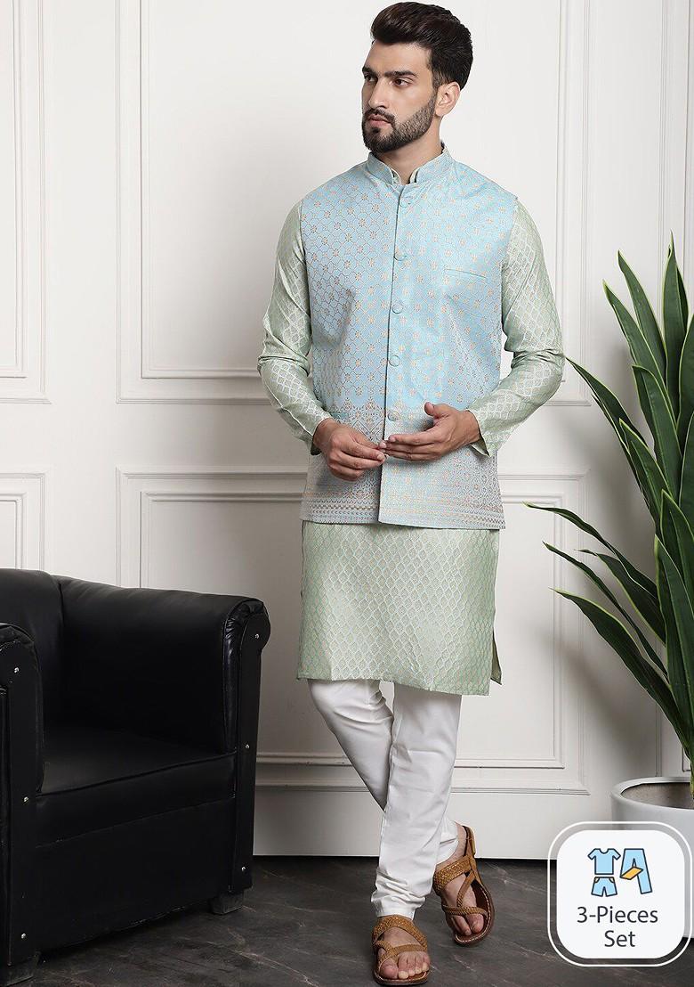 Green Ethnic Motifs Poly Blend Kurta Set For Men