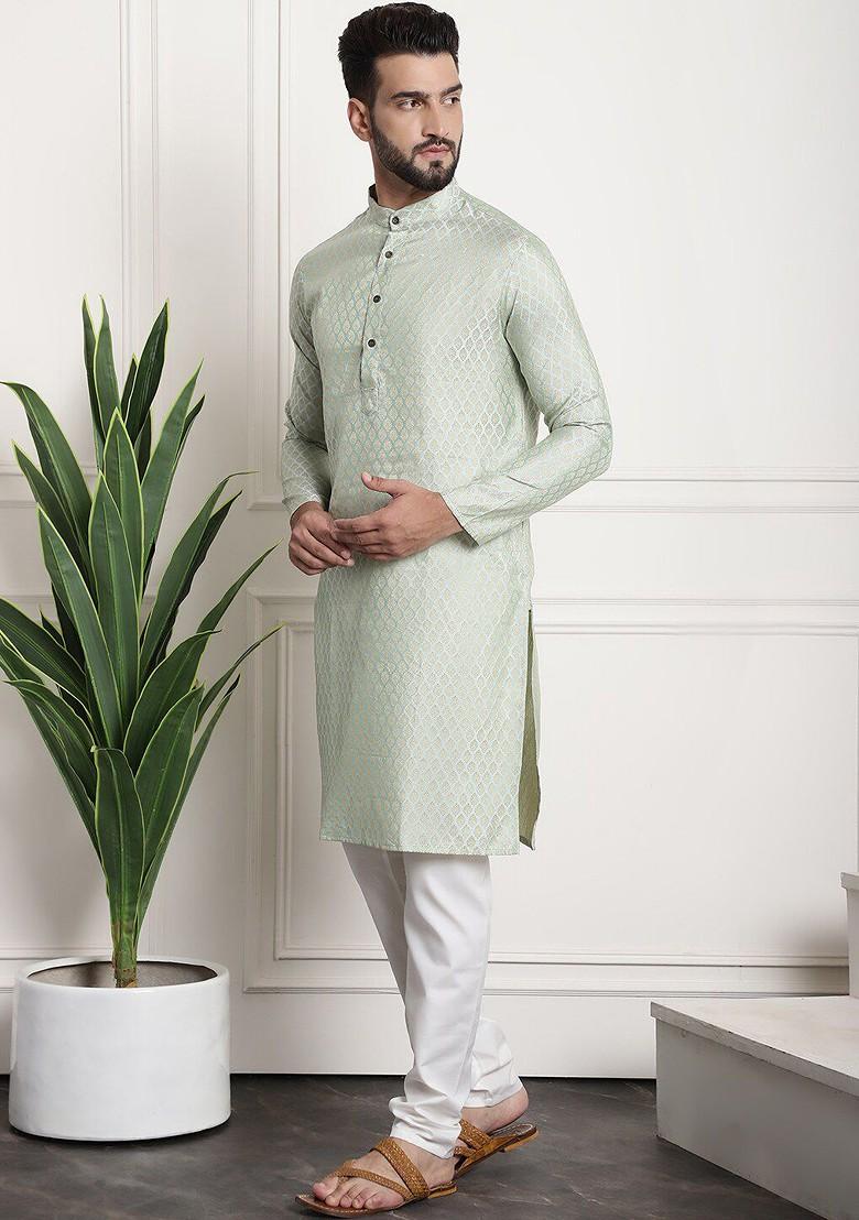 Green Ethnic Motifs Poly Blend Kurta Set For Men