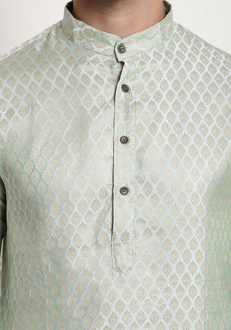 Green Ethnic Motifs Poly Blend Kurta Set For Men