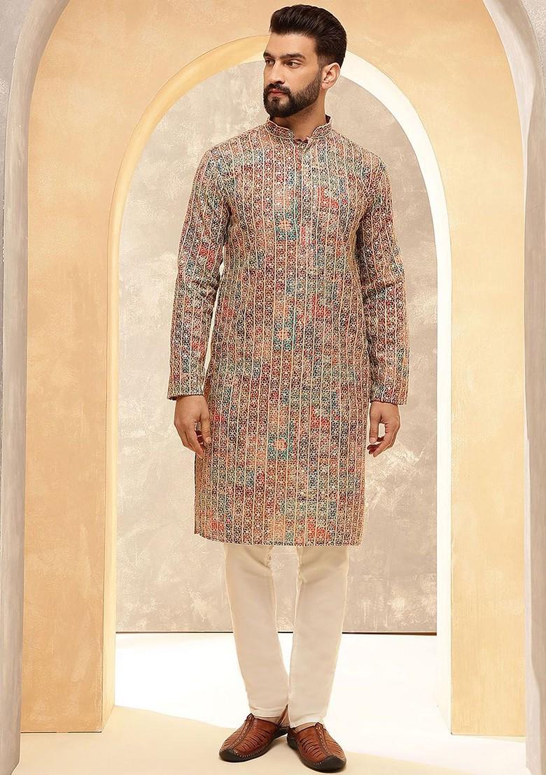 Maroon Embroidered Cotton Kurta Set For Men