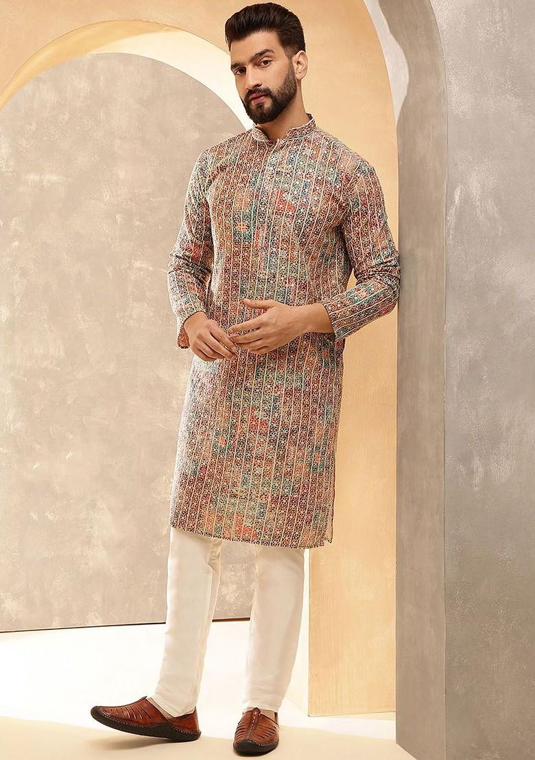Maroon Embroidered Cotton Kurta Set For Men
