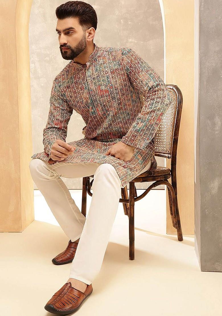 Maroon Embroidered Cotton Kurta Set For Men