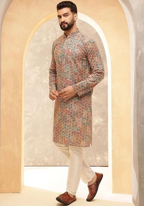 Maroon Embroidered Cotton Kurta Set For Men
