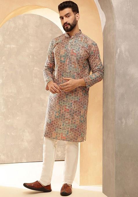 Maroon Embroidered Cotton Kurta Set For Men
