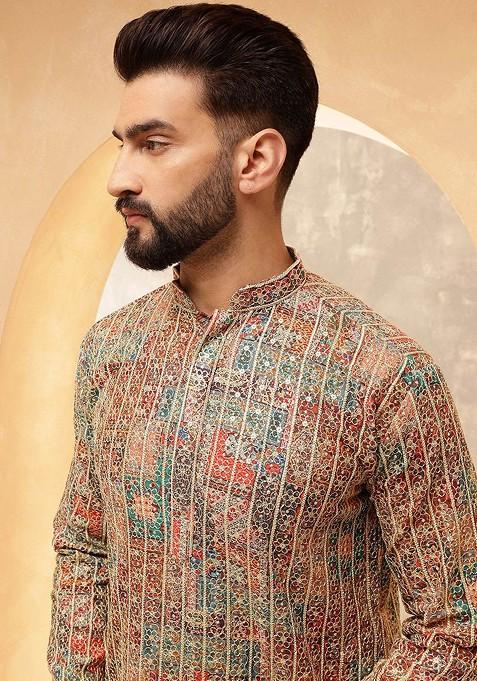 Maroon Embroidered Cotton Kurta Set For Men