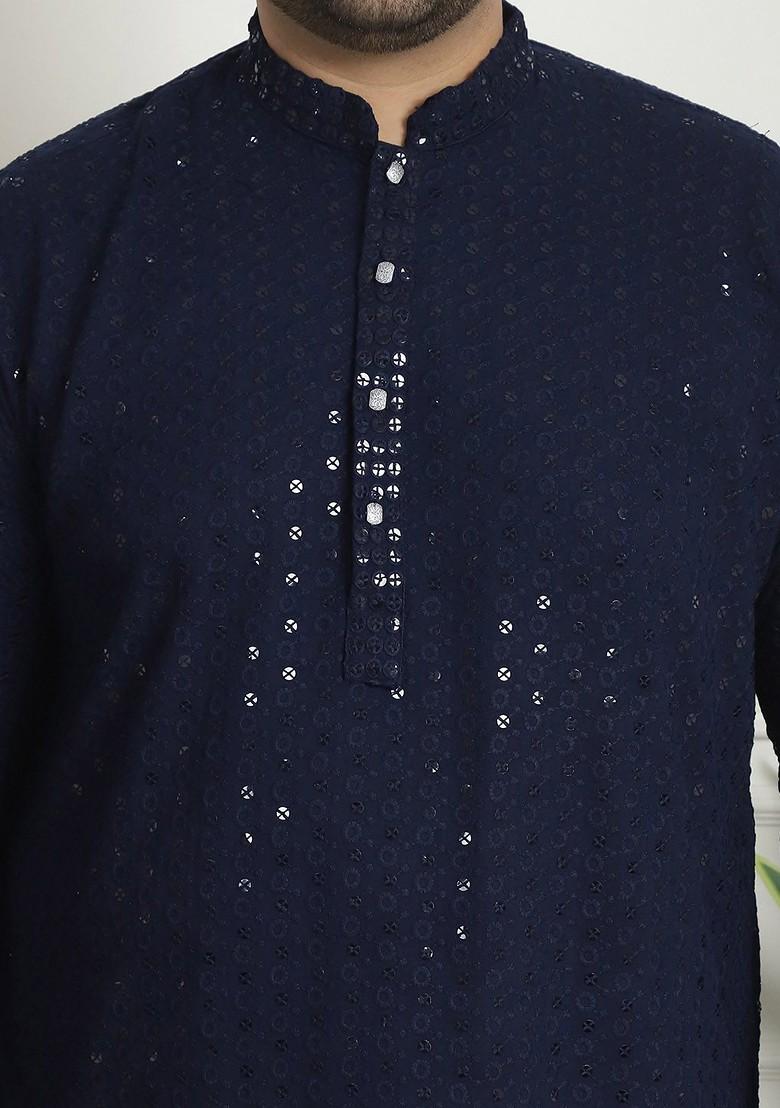 Navy Blue Embroidered Cotton Kurta Set For Men